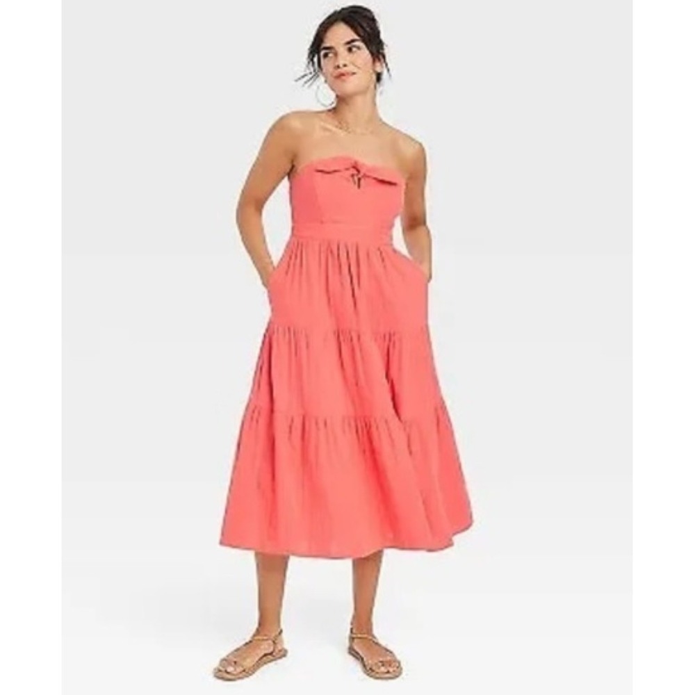 Universal Thread Womens XXL Coral Pink Strapless Midi Tiered Dress Pockets